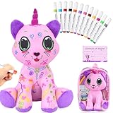 DRAWMYTOY Coloring Plush Toy with 12 Washable Markers for Little Girls Doodle Dolls Arts and Crafts Soft DIY Washable Doodle Stuffed Animal Toy for Kids Ages 4-6 Birthday (Purple Kitten)