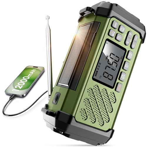Vikeri Kurbelradio 12000mAh Notfallradio mit Kurbel und Solar mit AM/FM/SW LED Camping Licht SOS Alarm Kompass USB-C Handyladung Tragbare Radio mit Tragegurt für Notfall (Grün)