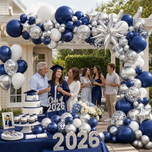 Image of Blue Silver Balloon Garland Arch Kit, Navy Blue White Balloon Arch Kit, Metallic Silver Confetti Balloons Star Foil Balloons for Graduation Father's Day Dad Birthday Wedding Baby Shower Party Decor
