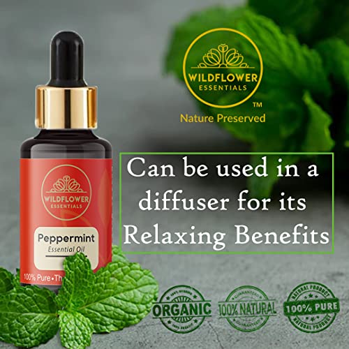Image of Wildflower Essentials Peppermint Essential Oil 100% Pure & Natural for Face | Skin| Hair | Body Undiluted with Glass Dropper 15ml Bottle