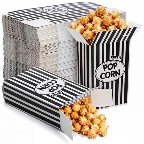 Image of Xinnun 300 Pcs Paper Popcorn Boxes 1oz Oil-proof Disposable Striped Popcorn Boxes Container Leak Proof Paper Holders for Movie Night, Party, Birthday, Wedding (Black)