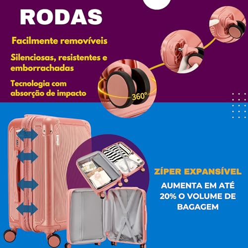 GMTA Mala de Viagem de BORDO com Zíper EXPANSÍVEL 10Kg Rígida Padrão ANAC com 4 Rodas duplas 360° Po