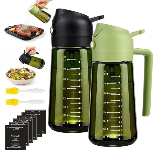zxevg 2 Pack 16oz Oil Spray Bottle with Scale, Light Blocking Black+Green, 2-in-1 Oil Dispenser Set w/ 2 Brushes & 6 Stickers – Premium Glass for Air Fryer, BBQ, Kitchen
