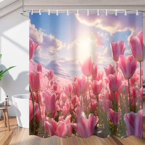 Rideau de douche imperméable en polyester rose aux tulipes 183x183 - 2