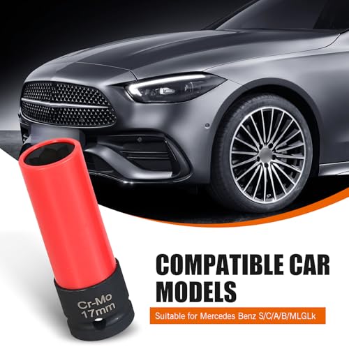 Image of Downhill Car Lug Nut Socket, 0.66 inch /17mm 1 /2 inch Drive Lug Nut Protective Socket, Anti-theft Screw Removal and Installation Socket Tool, Compatible with Mercedes Benz S /C /A /B Class (Red and Black)