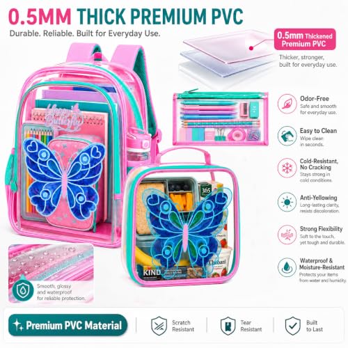 Image of WZLVO Kids Clear Backpack for Girls with Fluttering Wings, 16 inch Heavy Duty PVC Transparent Bookbag with Frame Reflective Strip, Cute See Through School Bags for Elementary Preschool - Butterfly Pink