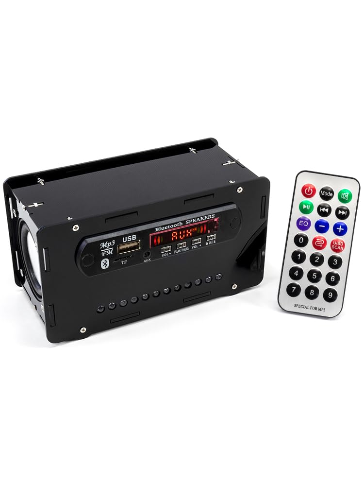 Elektroniczny głośnik Bluetooth z radiem FM, zestaw do lutowania DIY, czarny, projekt odtwarzacza muzyki z pilotem zdalnego sterowania z kolorowymi diodami LED sterowanymi dźwiękiem i obudową