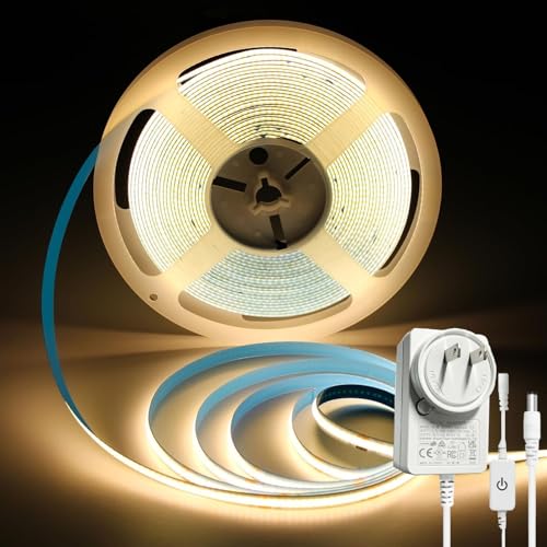ShineBurky ledテープライト COB 高密度 高輝度 320LEDs/m アダプター・調光器付き 24V 10M カット可能 両面テープ設置 テープライト cob 電球色