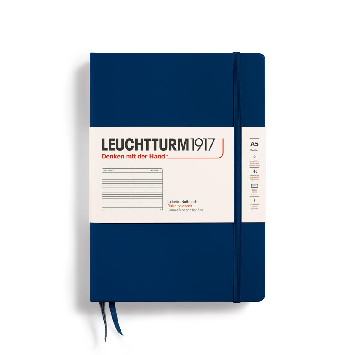 LEUCHTTURM1917 - Notebook Hardcover Medium A5-251 Numbered Pages for Writing and Journaling (Navy, Ruled)