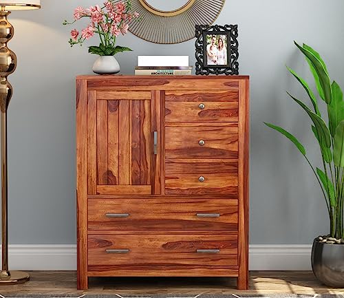 Image of Solid Sheesham Wood Wooden Sideboard Storage Cabinet & Chest of Drawer : Ideal for Living Room and Bedroom with 5 Drawers and 1-Shelf Storage (Avalon, Honey Finish)