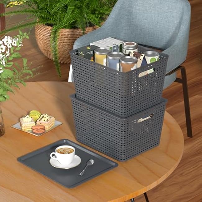 20 Quart Large Plastic Storage Baskets with Lid, Tall Plastic Weave Storage Basket Bins, 6 Packs