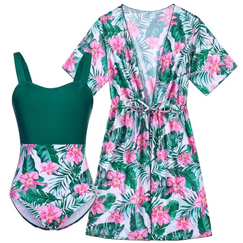 Image of Funnycokid Girls Bathing Suits One Piece Swimsuit with Cover Up Kids Swim Suit Size 8-16