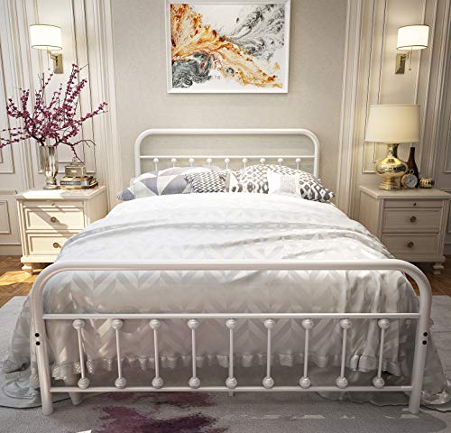 Neebirgelia White Metal Bed Frame Queen Size With Headboard And Footboard Single Platform Mattress Base,Metal Tube And Iron-Art Bed（Queen,Grayish White） #TOP1