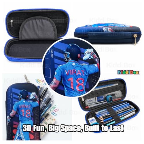 Image of KiddiBox Virat Pencil Box for Girls and Boys | Stylish Pencil Case for School, Student, Pen Case Holder with Dual Zipper Mesh Pocket, Hard Top Pencil Pouch for Kids, Stationary Pouch (Blue)
