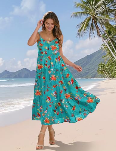Image of YESNO Summer Bohemian Floral Dresses for Women Spaghetti Straps Maxi Dress Casual Flowy Dresses with Pockets ES0