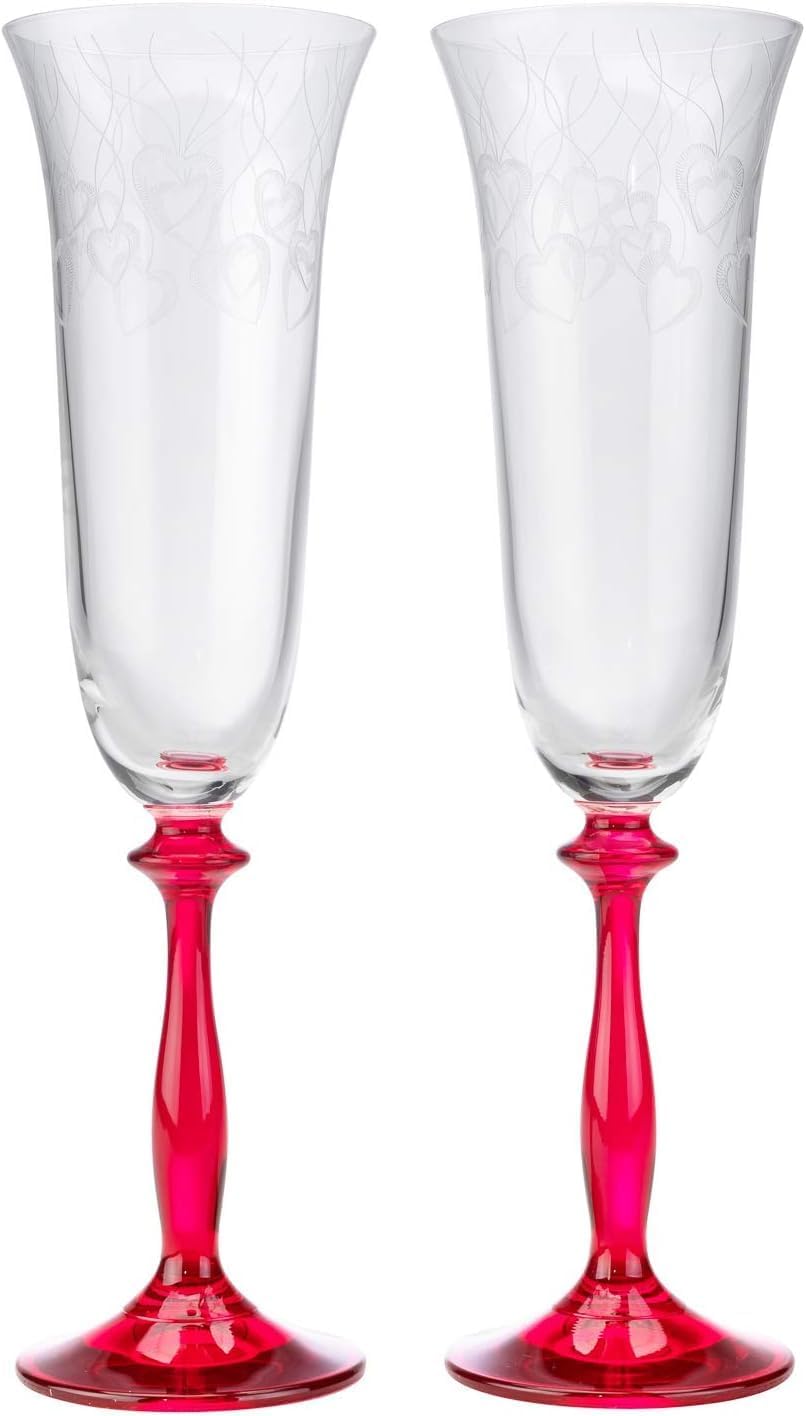 Crystalex Bohemia LOVE 6-Ounces Crystal Champagne Glass Set with a Red Stem, Footed Sparkling Wine Glass Set, Romantic Crystalware Gift, Stemmed Flutes Set, 2 Piece Set