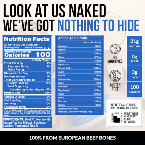 Image of NAKED Vanilla Beef Protein Isolate - Grass Fed European Beef Bones, 21g Protein & Collagen Amino Acids, Dairy Free, No Artificial Ingredients, Paleo Keto Carnivore Friendly - 20 Servings