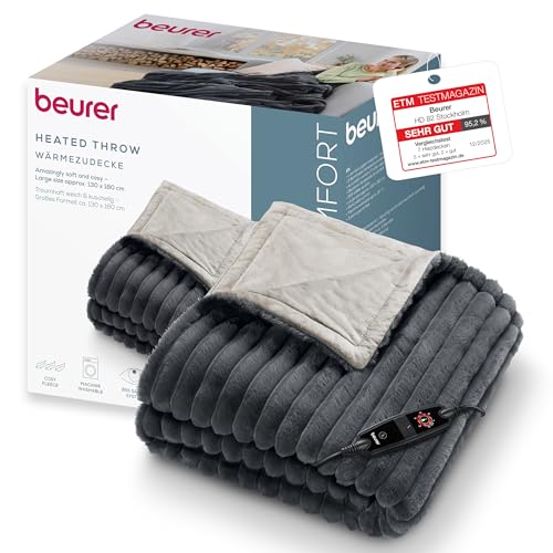 Beurer Heizdecke Stockholm, kuschelige Wärmedecke aus luxuriösem Obermaterial mit 6 Temperaturstufen, Heizdecke mit Abschaltautomatik und Sicherheitssystem, maschinenwaschbar bei 30 °C, grau