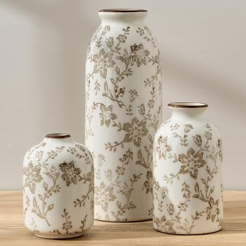 Ceramic Flower Decorative Antique Vase Set of 3, Vintage Rustic