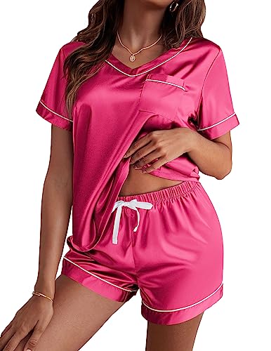 Image of Ekouaer Silk Pajama for Women Short Sleeve Satin Pj Set Two Piece Soft Sleepwear Loungewear S-XXL