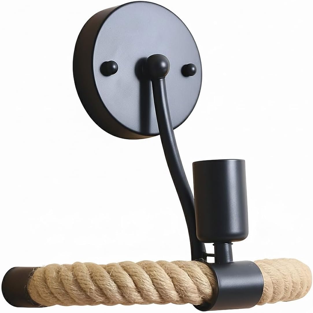LEDSone Hemp Rope Wall Light E27 | Industrial Vintage Black Wall Sconce 180° Adjustable | Rustic Wall Lamp for Bedroom Living Room Kitchen Cafe Bar Restaurant
