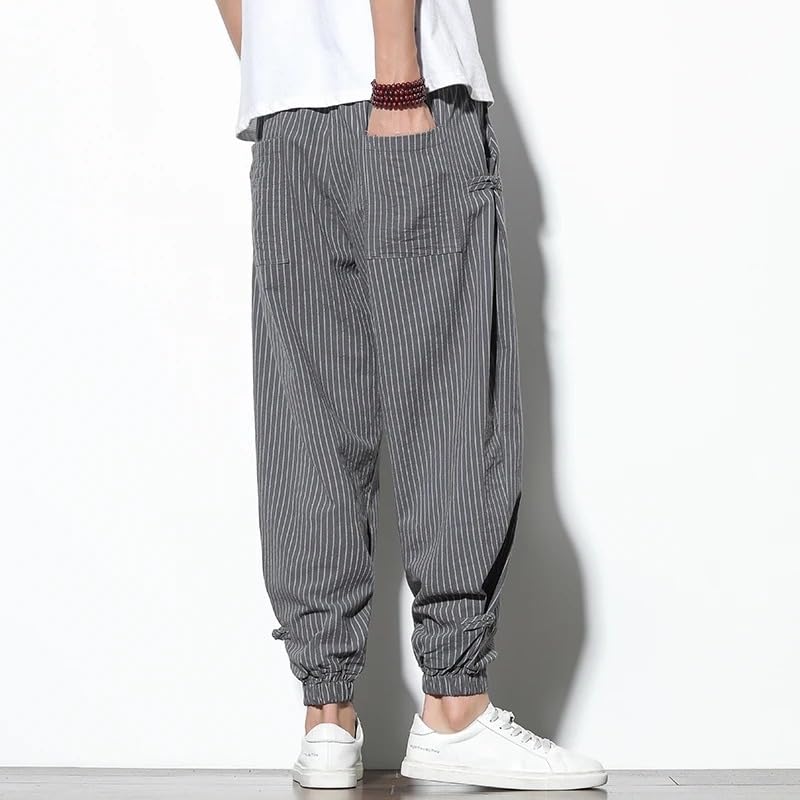 Men Striped Harem Pants Cotton Linen Pencil Pants Buckle Casual Trousers3