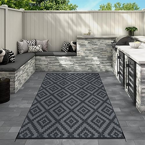 Outdoor Camping Rug Waterproof 5x8FT, Reversible Stain & UV Resistant Plastic Straw RV Rug for Outside Patio Porch Pool Deck Beach Indoor, Area Carpet Mat with Portable Bag&4 Stakes-Black Grey Rhombus -  GOTGELIF, GOTGELIFWempumseUS266