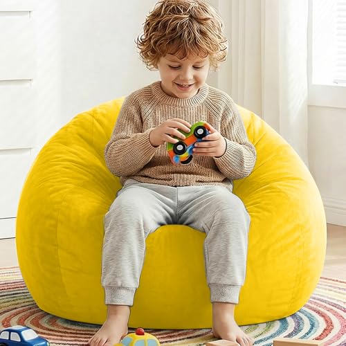 Image of Stuffed Animal Storage Bean Bag Chair Cover for Kids (No Filler), Soft Comfy Velvet Beanbag Chair Cover Machine Washable, Kids Bean Bag Chair with Handle for Living Room Bedroom Dorm, Yellow