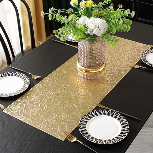 Hosoncovy Hollow Rose Table Runner Non-slip Decorative PVC Table Mats Placemat Heat Resistant Mats for Home Party Kitchen Dining Wedding Decor (92CM X 33CM) (Gold)