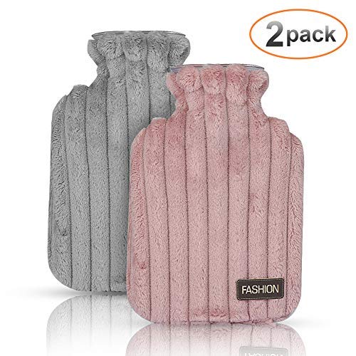 Botella de agua caliente, bolsa de agua caliente transparente con funda de felpa de lujo súper suave, terapia de frío y calor para aliviar el dolor y mantener caliente - Paquete de 2 (gris y rosa)