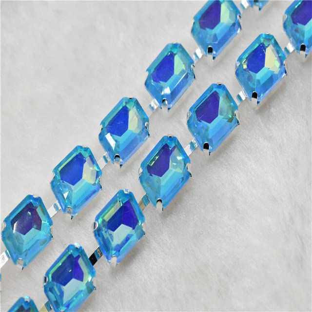 8 x 10 mm kryształowe cyrkonie prostokątny łańcuszek połączony srebrny szyty na dość osobowość pierścionek - akwamaryn, 1 jard