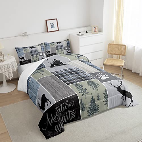 Rustic Patchwork Comforter Set, Checkered Buffalo Plaid Bedding Set For Kids Teens Adult, Woodland Wildlife Bear Moose Elk Pine Trees Pattern Printed Duvet Sets Farmhouse Decorations, Twin Size #TOP3
