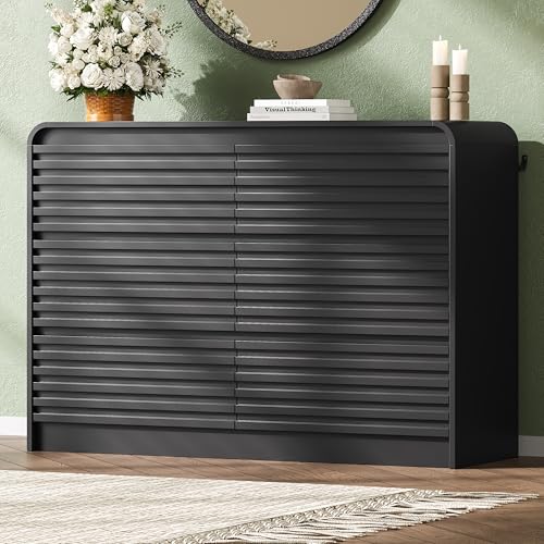 Image of 6 Drawer Dresser for Bedroom, 47 inch Wide Fluted Dresser with Curved Edge and Ergonomic Handleless, Large Wooden Clothes Storage Organizer, Modern Chest of Drawers for Closet, Living Room, Black