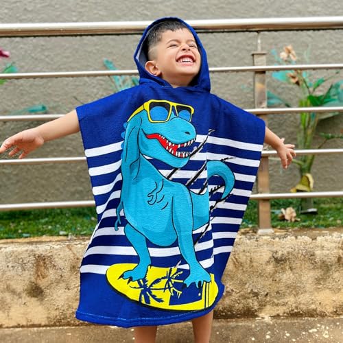 Image of Famyo Poncho Hooded Towel for Kids 1-7 Years | Quick Dry Kids Towel | Soft Lightweight Baby Wrap for Beach | 60 X 60Cm Toddler Pool Towel for Boys & Girls | Micro-Fiber Bath Towels | Cool Dino Blue