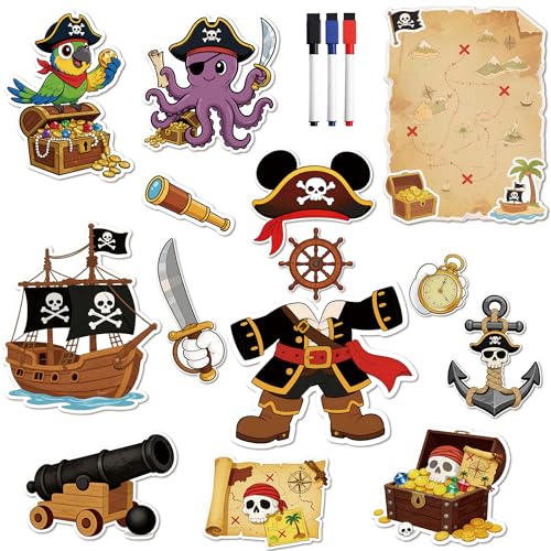 Image of 14-Piece Pirate Cruise Door Decorations Magnetic - Funny Nautical Captain Ship Cabin Magnets for Carnival Cars Refrigerator Locker, Essential Sea Theme Signs for Family Vacation with 3 Pens