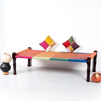 Rajasthani Wooden Khatiya Khaat | Traditional Handcrafted Wooden Charpai Bed | 6x3 Feet | Solid Wood Frame with Durable Cotton Ropes for Home, Garden, or Outdoor Use (Colorful 003)