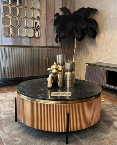 Image of WOODEN SPACE Premium Luxury Nazaara Marble-Top Coffee Table with Iron Legs & PVD Coating | Modern Round Wooden Center Table for Living Room & Entryway