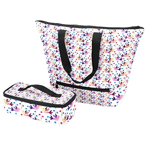 Grand sac fourre-tout et boîte à déjeuner oiseaux violets avec isolants