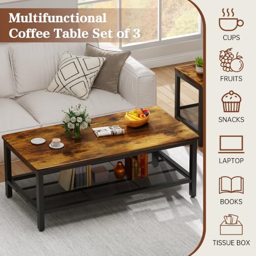 Image of 3-Piece Coffee Table and End Table Sets for Living Room, Industrial Coffee Table Set of 3 with Storage, Modern Farmhouse Rustic Living Room Table Set for Apartment Home Office