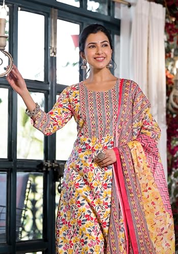 Image of MIRCHI FASHION Women's Straight Fit Pure Cotton Jaipuri Floral Printed Sequins Thread Work Kurta Set with Dupatta and Trouser