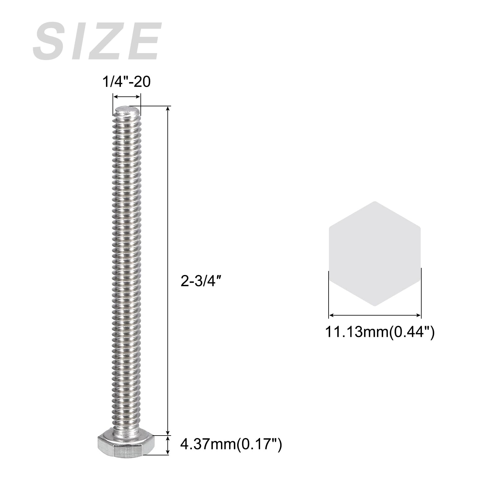 METALLIXITY Hex Head Bolts (1/4-20 x 2-3/4") 20Pcs, 304 Stainless Steel 18-8, Fully Threaded, External Hex Drive - Image 2