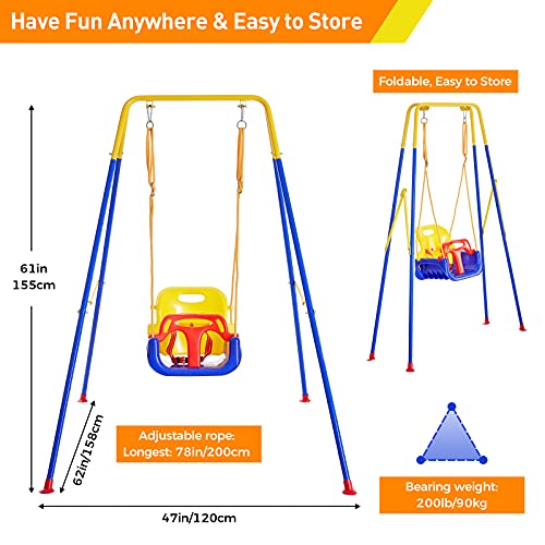 FUNLIO Toddler Swing with Foldable Metal Stand for Toddlers Aged 1~10 Years, 3-in-1 Baby Swing Set with 4 Sandbags for Backyard/Indoor/Outdoor Play, Easy to Assemble & Store