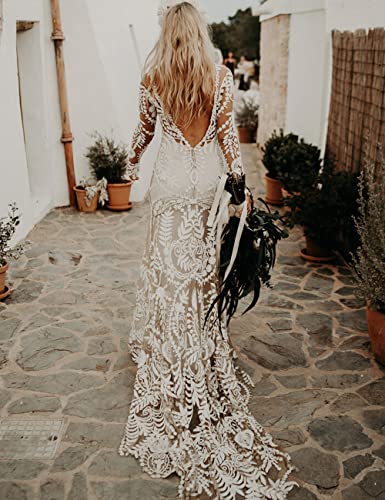 Women's Cowboy Wedding Dress 2 Pieces Long Sleeves Rustic Lace Elopement Mermaid Bridal Gown for Bride4