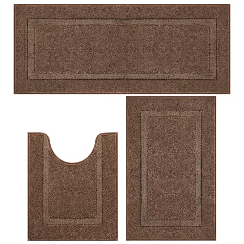 SHACOS Dark Brown Bathroom Rugs Sets 3 Piece Bath Mat U Shaped Toilet Rug