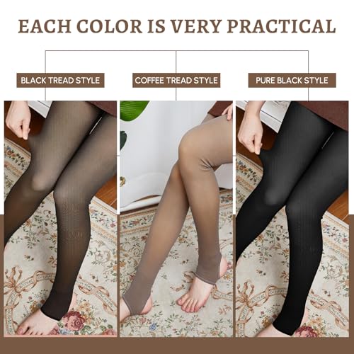 Image of Eurzom 3 Pairs Fleece Lined Stirrup Tights Women Fake Translucent Thermal Elastic Skin Colored Tights Warm Pantyhose