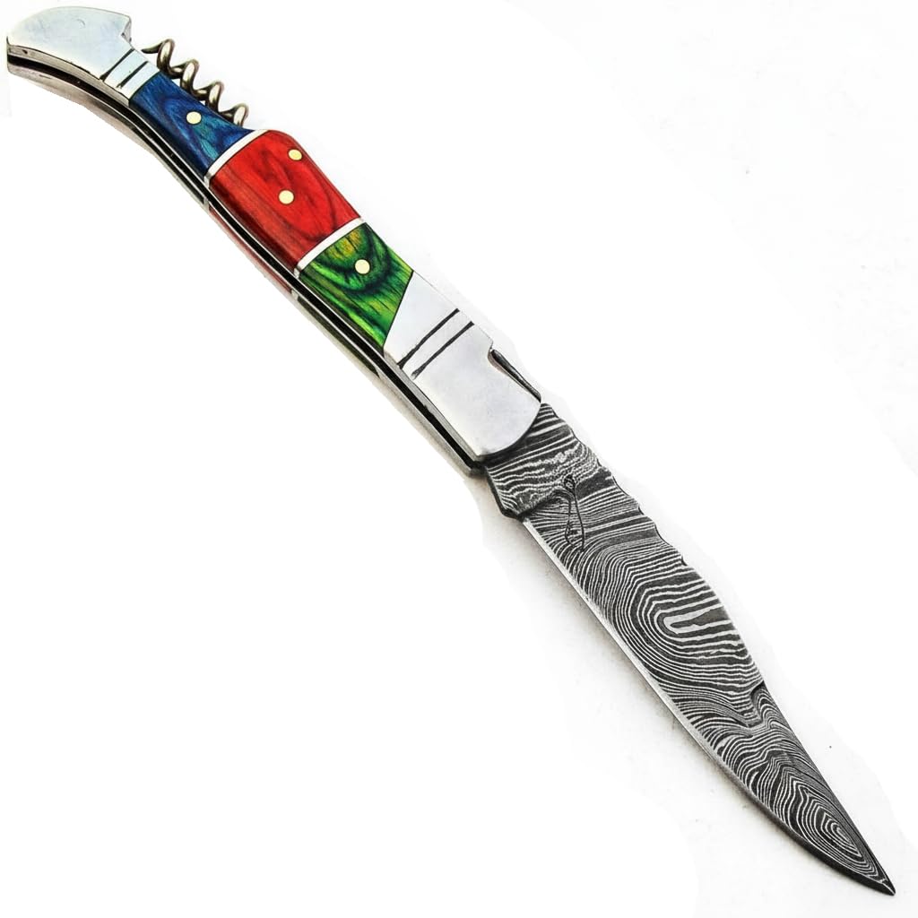 SPSR bellissimo coltello artigianale in acciaio damasco fatto a mano con fodero e apribottiglie vini e champagne garanzia di alta qualità 9691