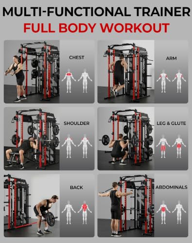 Image of Mikolo Smith Machine with Weight Stack, Power Cage Home Gym System with LAT Pulldown & Cable Crossover, Multi-Functional Trainer with Dual Pulley System, Includes 10+ Free Attachments