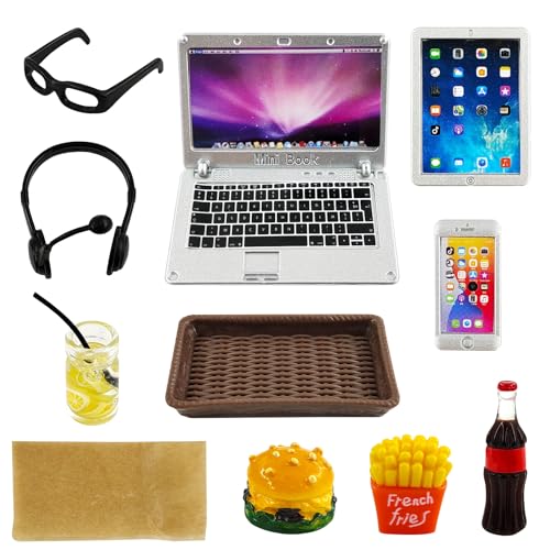 SHOWHEEL 11 Pièces Accessoires d'apprentissage Maison de poupée,1:12 Ordinateur Portable,téléphone Portable et Tablette, Mini Lunettes, Hamburger,Maison de...
