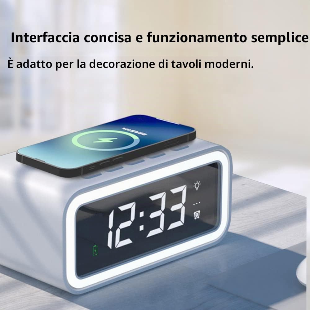 Radiosveglia con USB e Caricabatterie Wireless per Auto Home Office, Sveglia a Ricarica Rapida 15W con Funzione Luce Notturna, Bianco Scuro