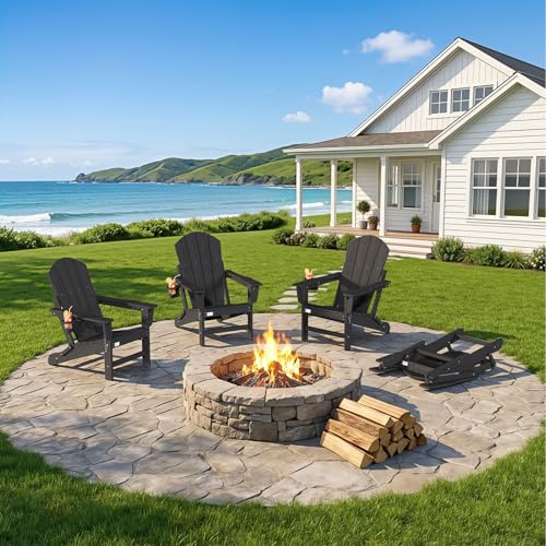 Mdeam Oversized 3-Level Adjustable Adirondack Chairs Set of 4, 400LBS Capacity HDPE Heavy Duty Tanning Chair with Cup Holder, All-Weather Folding Fire Pit Outdoor Chair for Patio Garden Lawn - Black